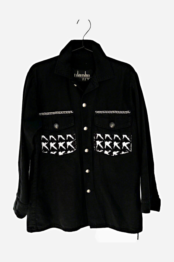 Black Military Jacket – Silver Chains, Star Pockets, Silver Buttons