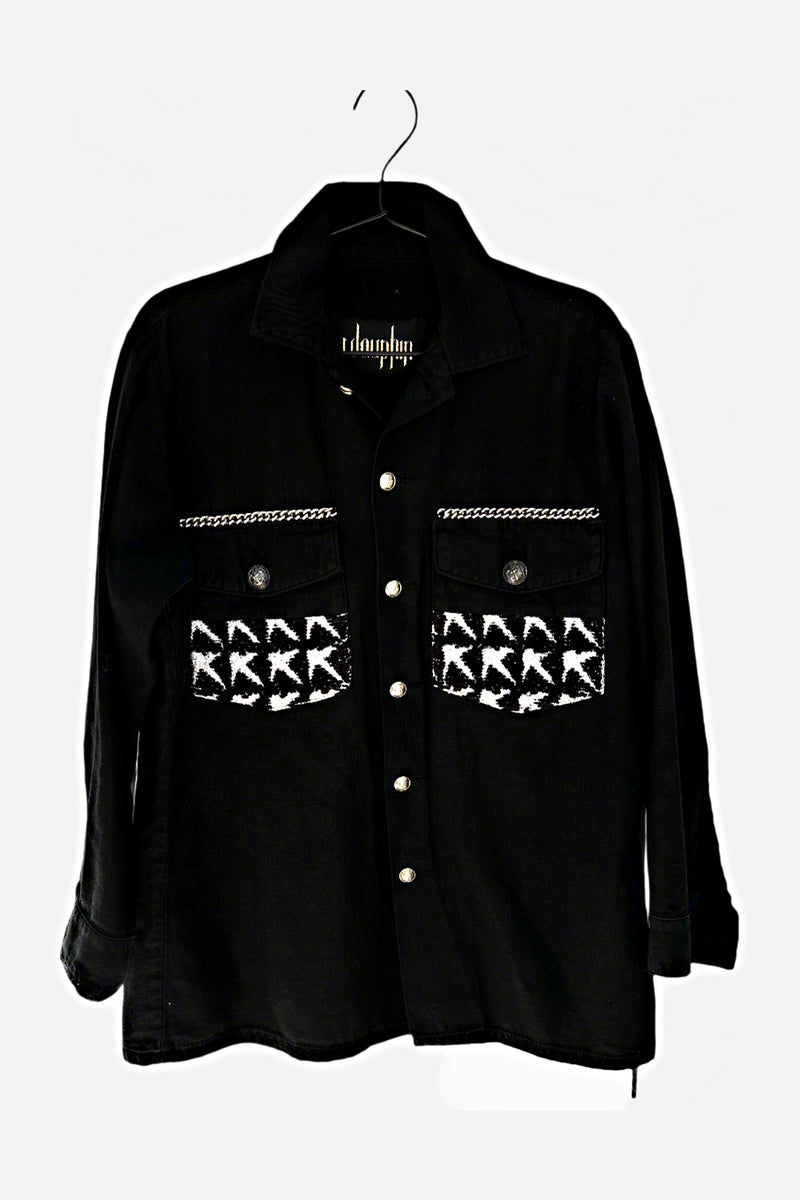Black Military Jacket – Silver Chains, Star Pockets, Silver Buttons