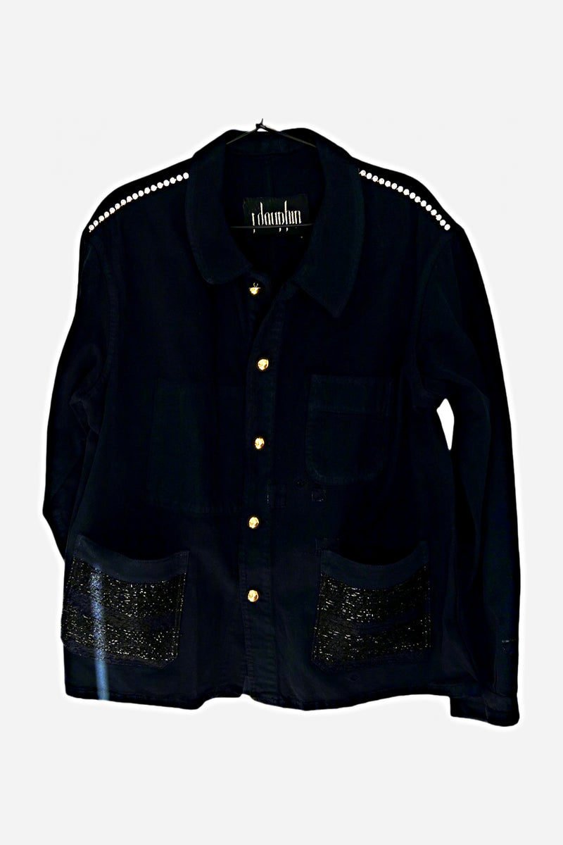 Black French Workwear Jacket – Crystal Gold Chain, Gold Buttons