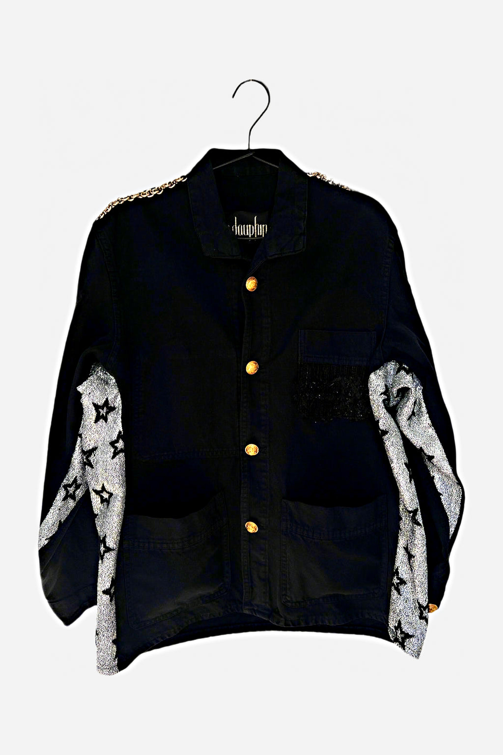 Repurposed Black French Workwear Jacket – Silver Lurex Star Fabric, Brass Chain, Vintage Buttons