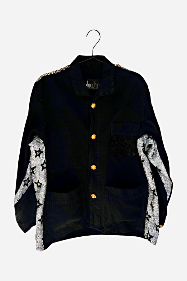 Repurposed Black French Workwear Jacket – Silver Lurex Star Fabric, Brass Chain, Vintage Buttons