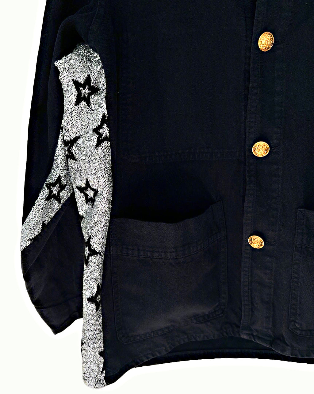 Repurposed Black French Workwear Jacket – Silver Lurex Star Fabric, Brass Chain, Vintage Buttons