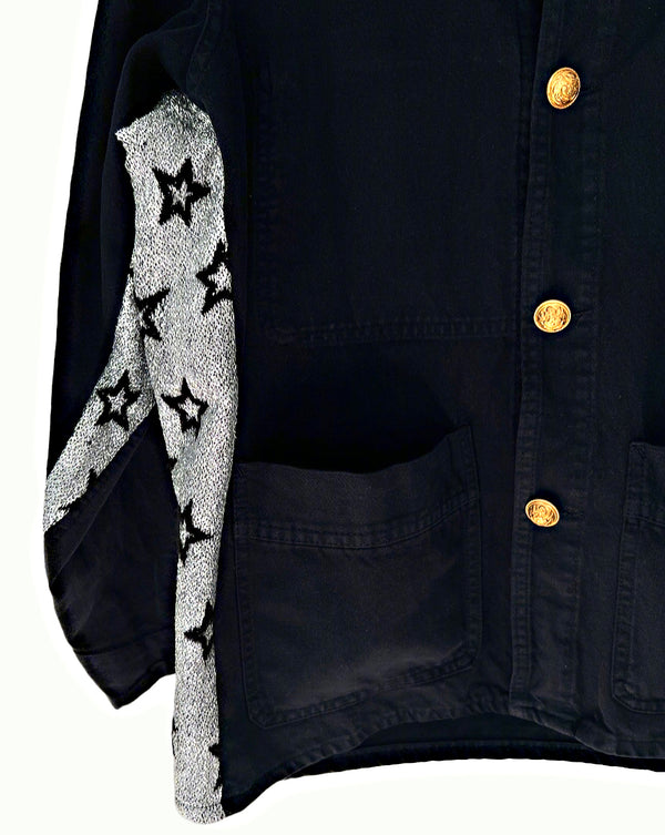 Repurposed Black French Workwear Jacket – Silver Lurex Star Fabric, Brass Chain, Vintage Buttons