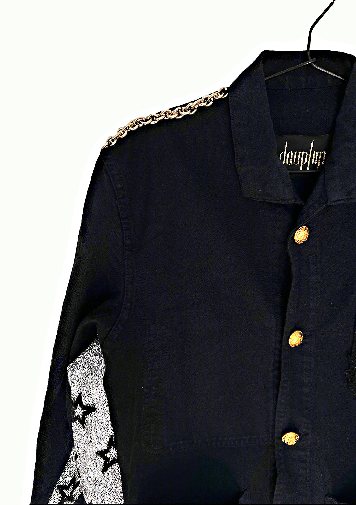 Repurposed Black French Workwear Jacket – Silver Lurex Star Fabric, Brass Chain, Vintage Buttons