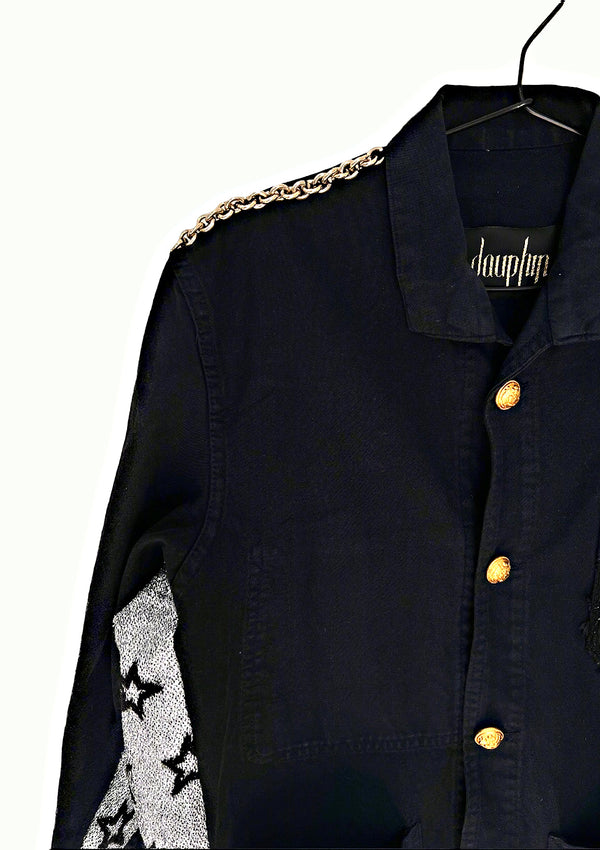 Repurposed Black French Workwear Jacket – Silver Lurex Star Fabric, Brass Chain, Vintage Buttons