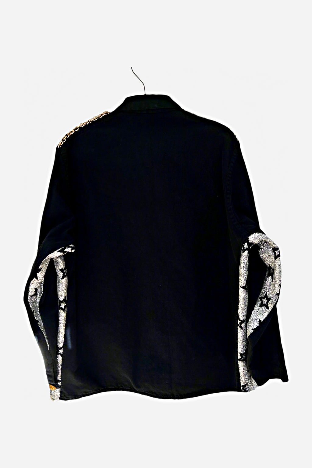 Repurposed Black French Workwear Jacket – Silver Lurex Star Fabric, Brass Chain, Vintage Buttons