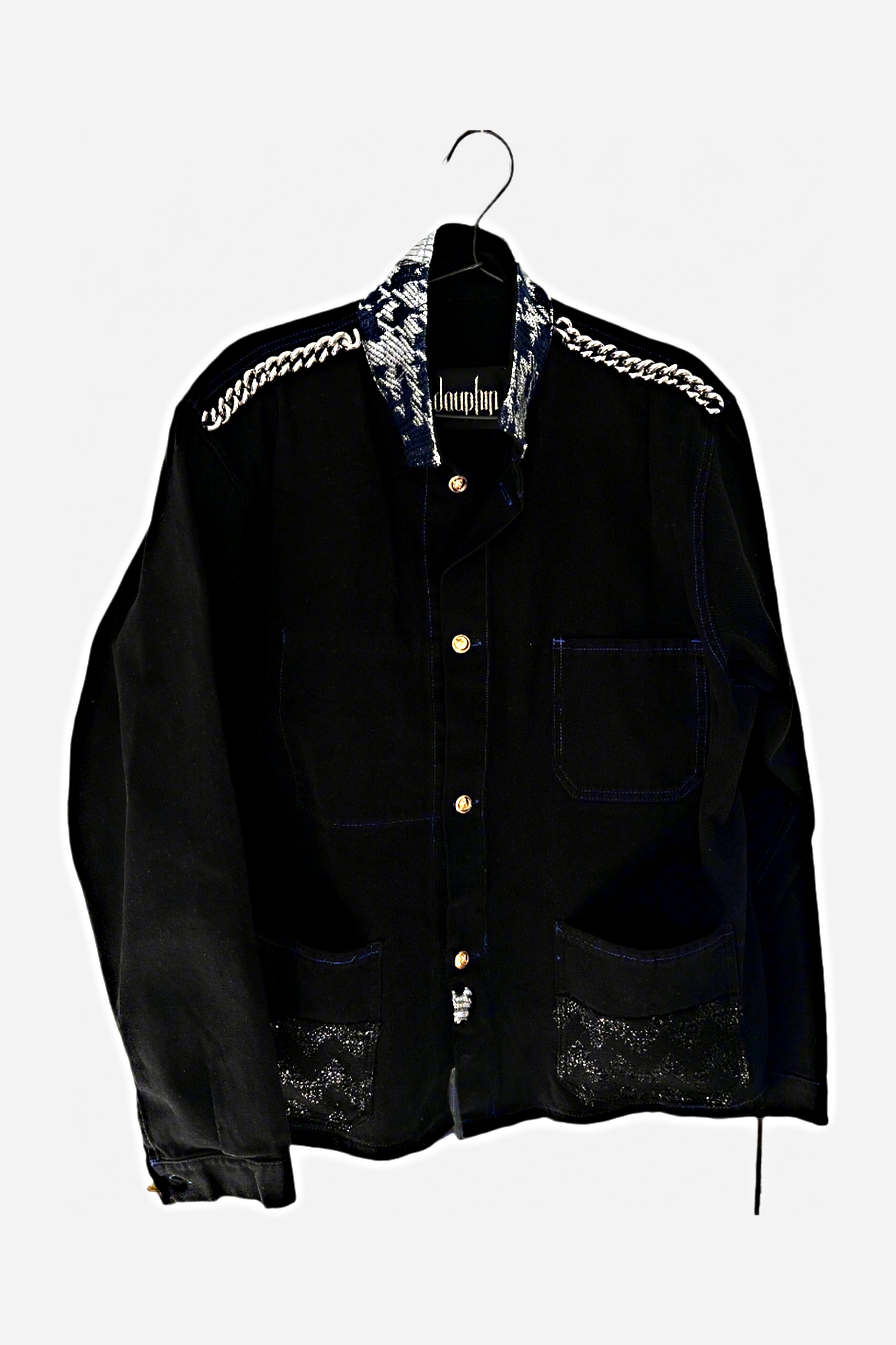 Repurposed Black French Workwear Jacket – Silver Lurex, Blue Fabric, Palladium Chain, Vintage Buttons