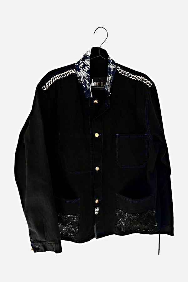 Repurposed Black French Workwear Jacket – Silver Lurex, Blue Fabric, Palladium Chain, Vintage Buttons