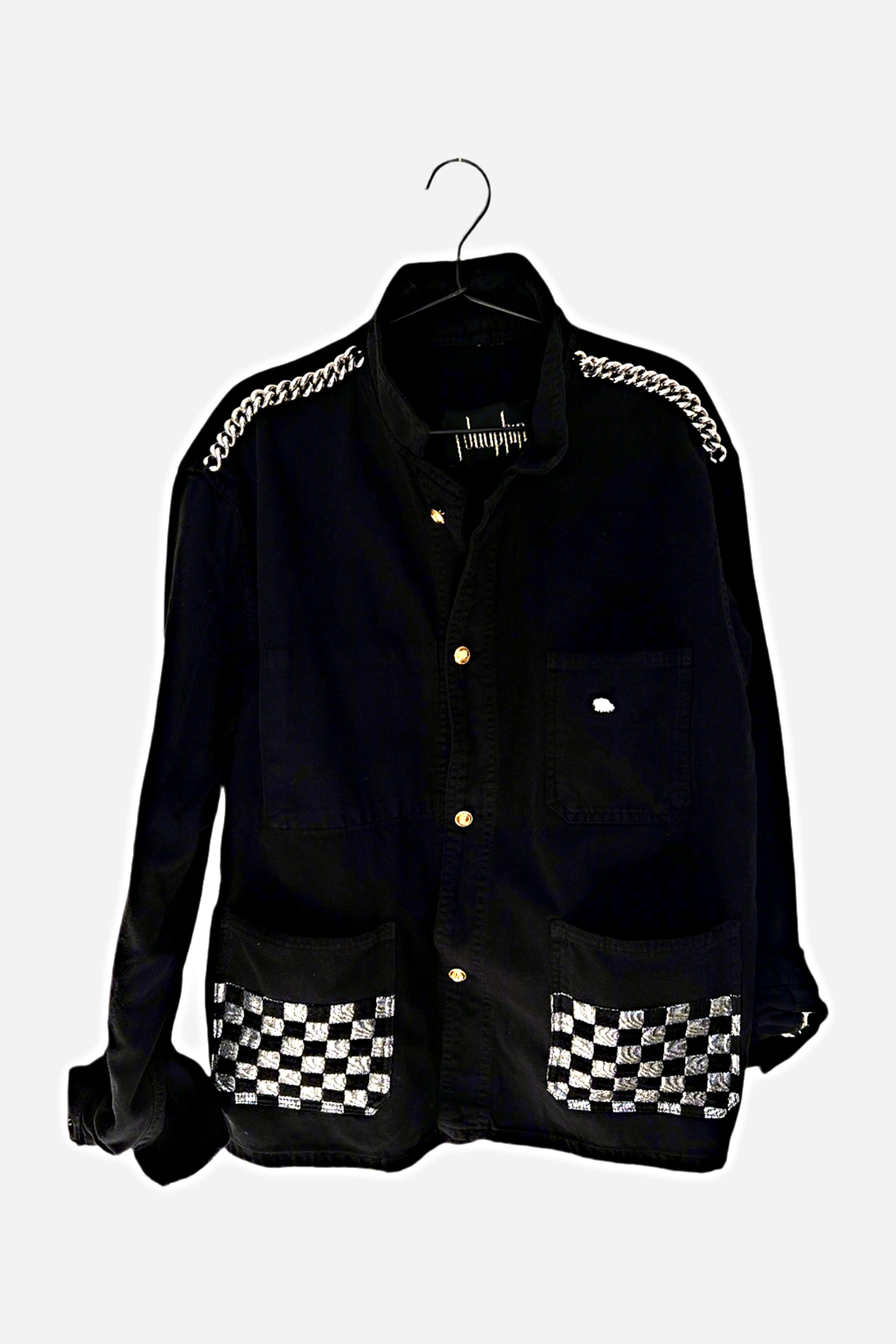 Black French Workwear Jacket – Silver Checker Fabric, Palladium Chain, Vintage Buttons