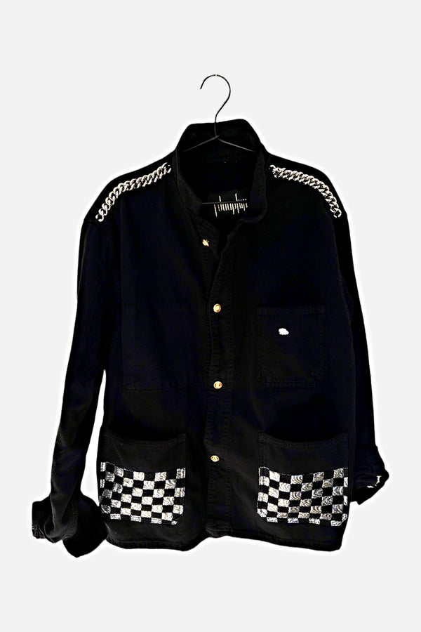Black French Workwear Jacket – Silver Checker Fabric, Palladium Chain, Vintage Buttons
