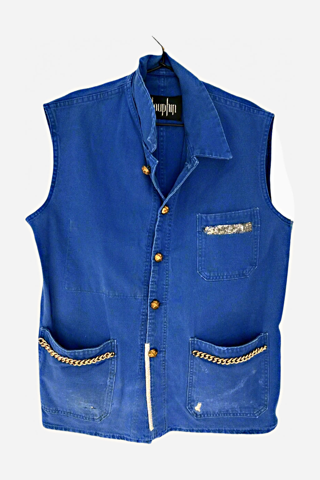Cobalt Blue Sleeveless French Workwear Jacket – Chains & Gold-Plated Buttons