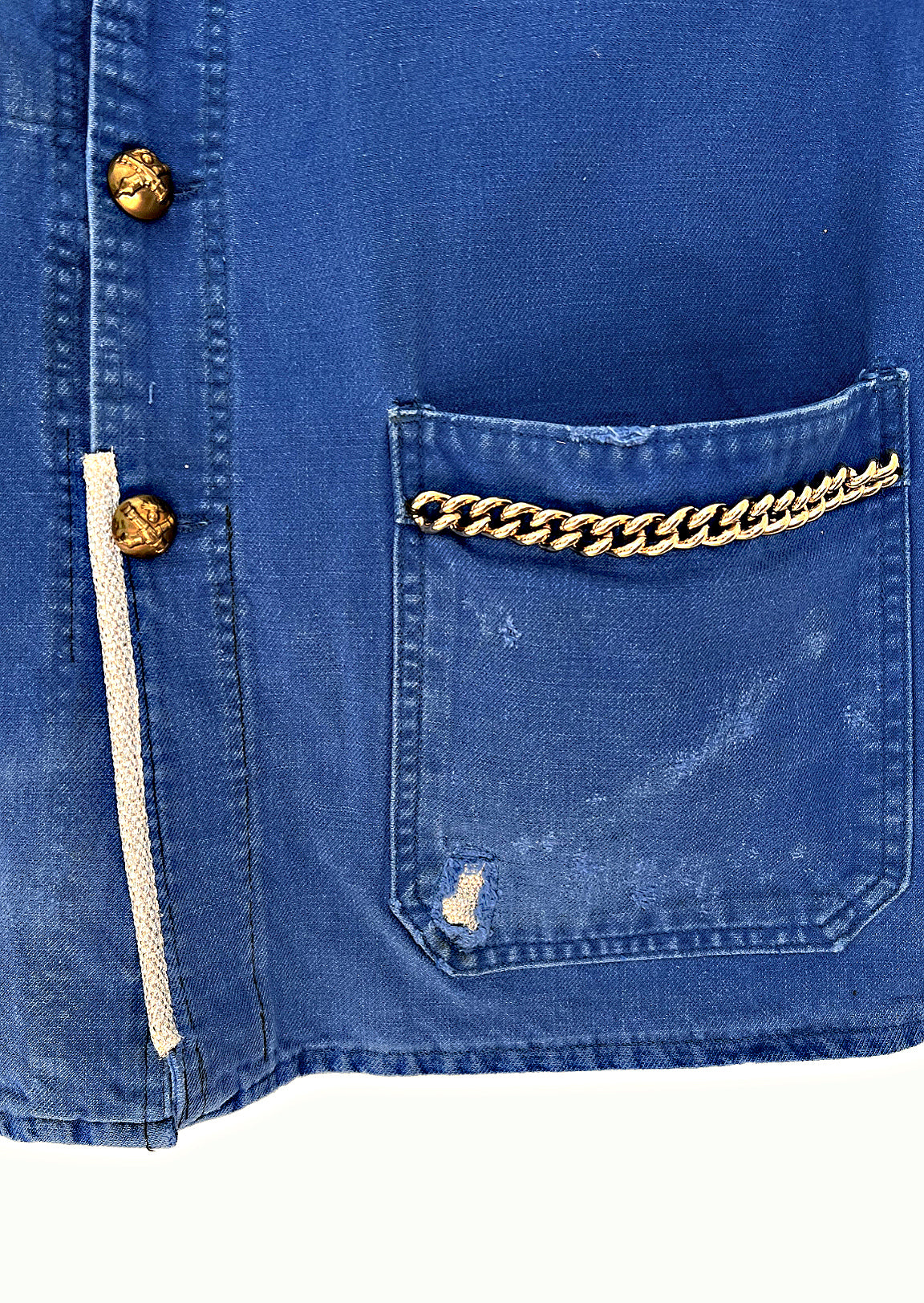 Cobalt Blue Sleeveless French Workwear Jacket – Chains & Gold-Plated Buttons