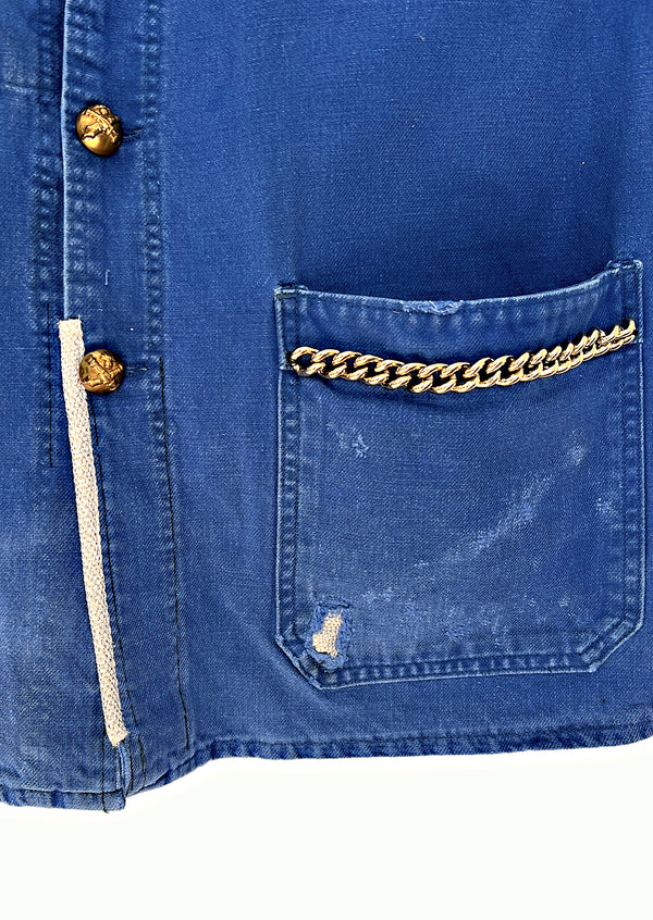 Cobalt Blue Sleeveless French Workwear Jacket – Chains & Gold-Plated Buttons