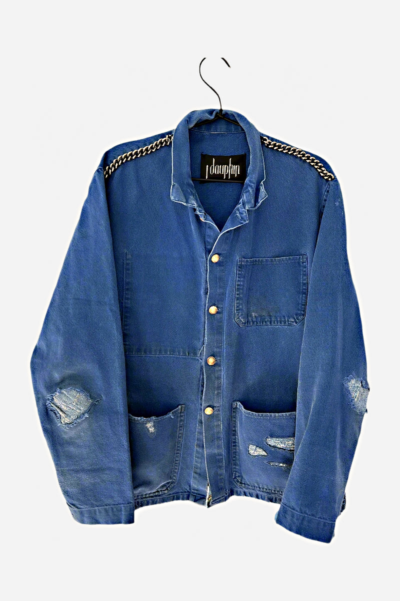 Cobalt Blue Jacket French Work Wear Ruthenium Chain