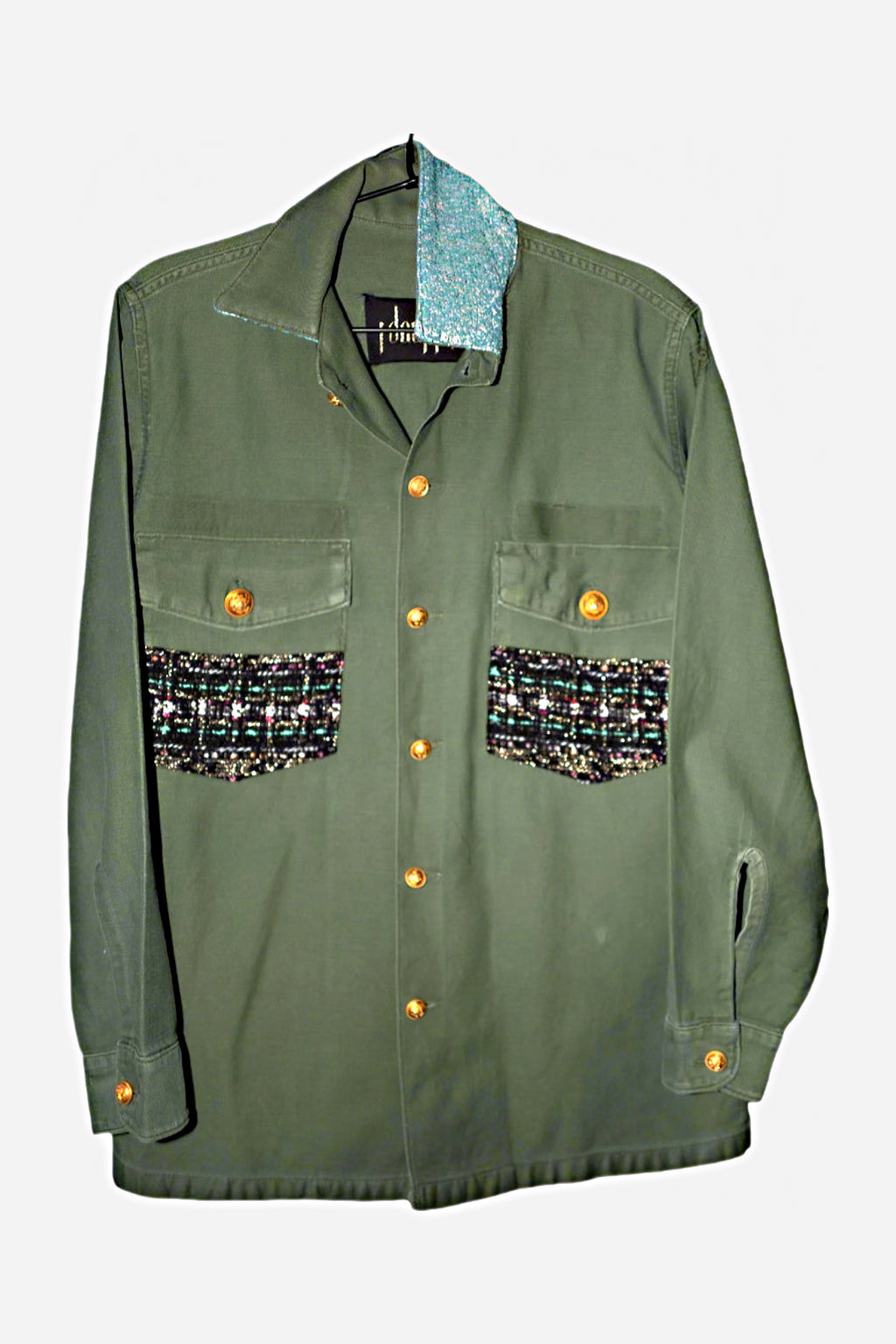 Military Green Jacket – Black Lurex Tweed- Gold Buttons