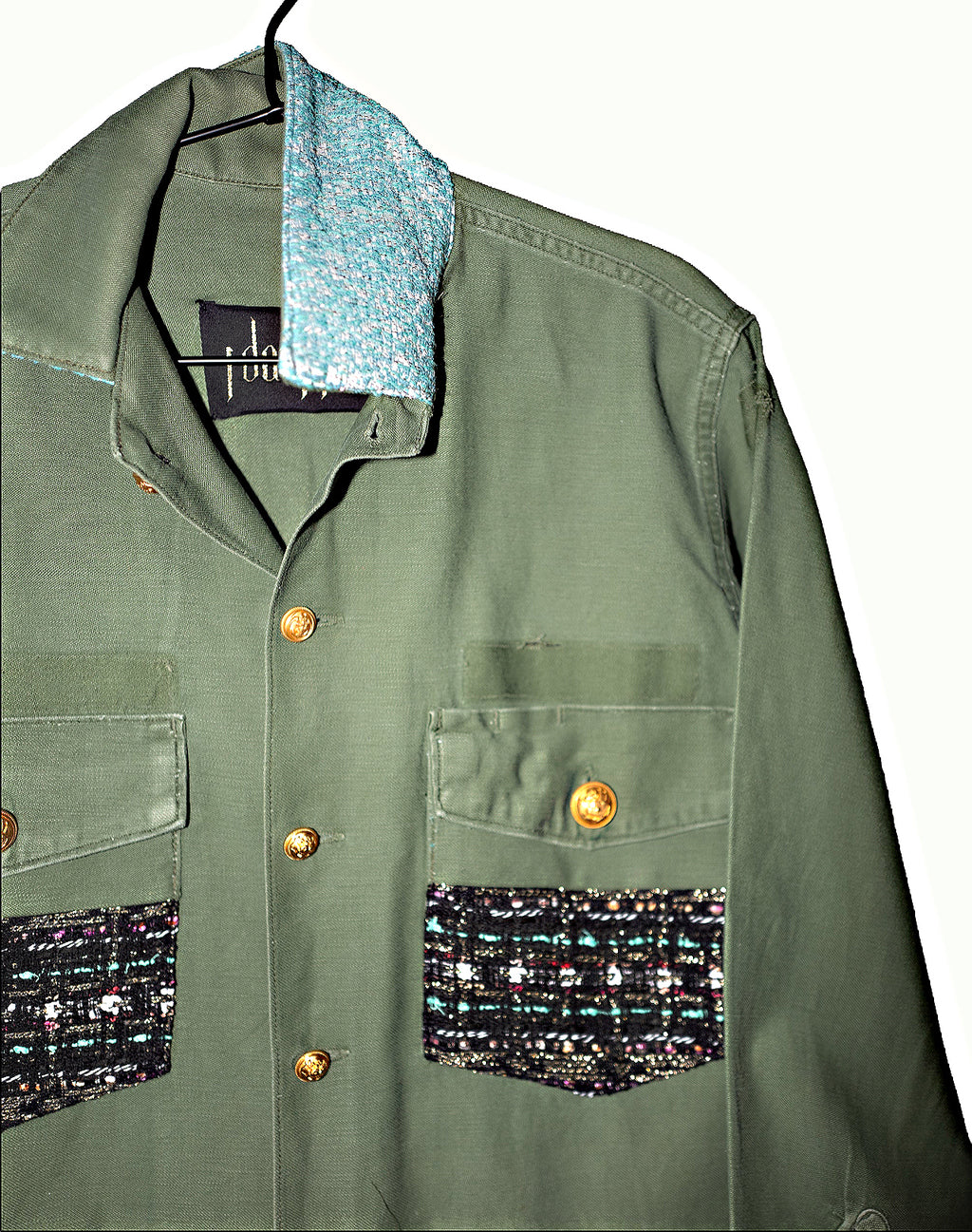Military Green Jacket – Black Lurex Tweed- Gold Buttons
