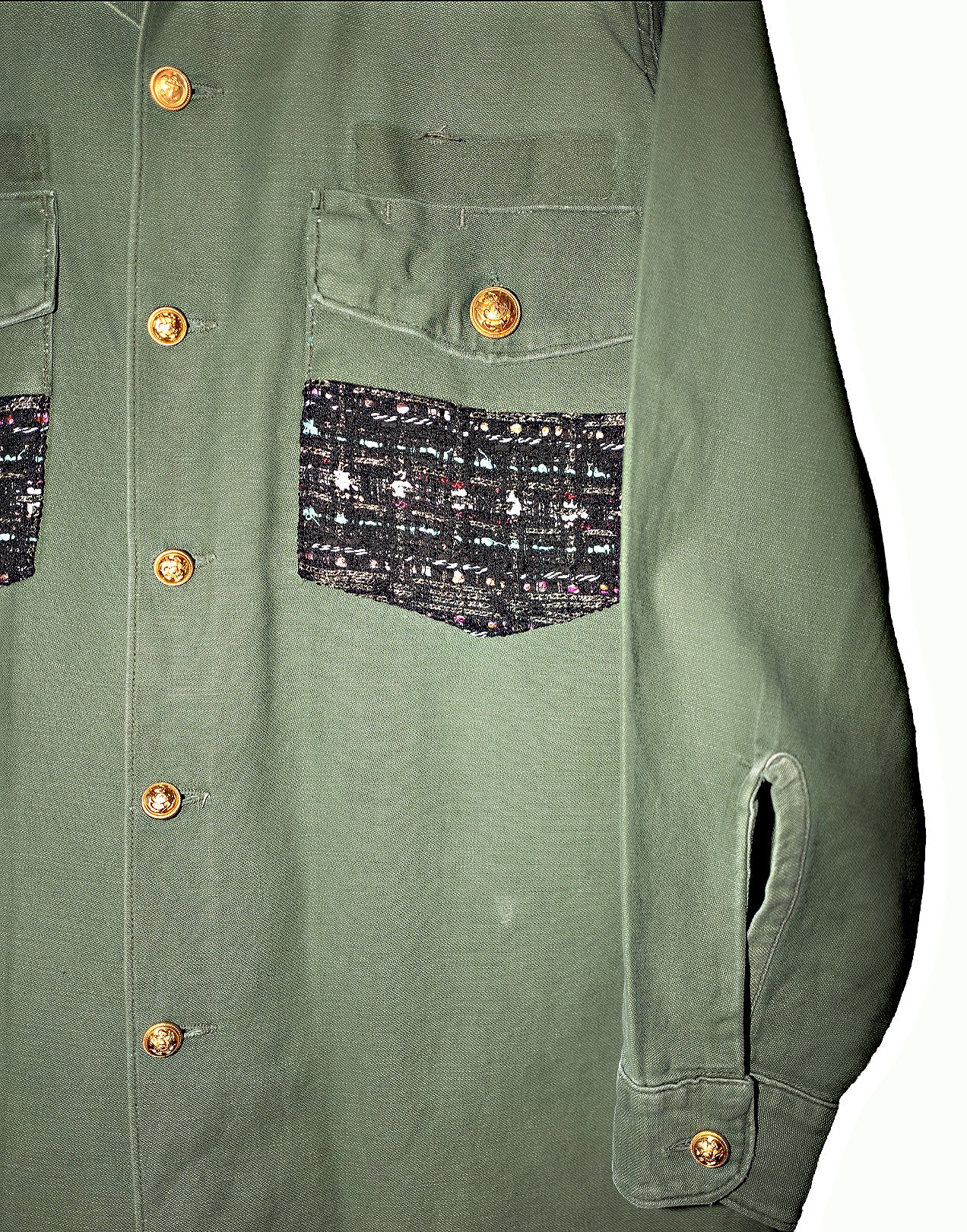 Military Green Jacket – Black Lurex Tweed- Gold Buttons