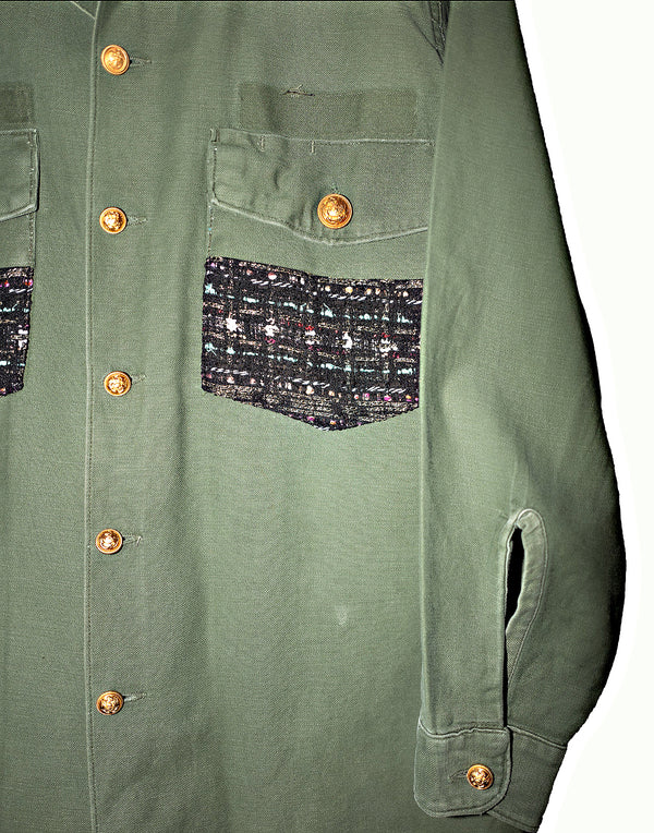 Military Green Jacket – Black Lurex Tweed- Gold Buttons