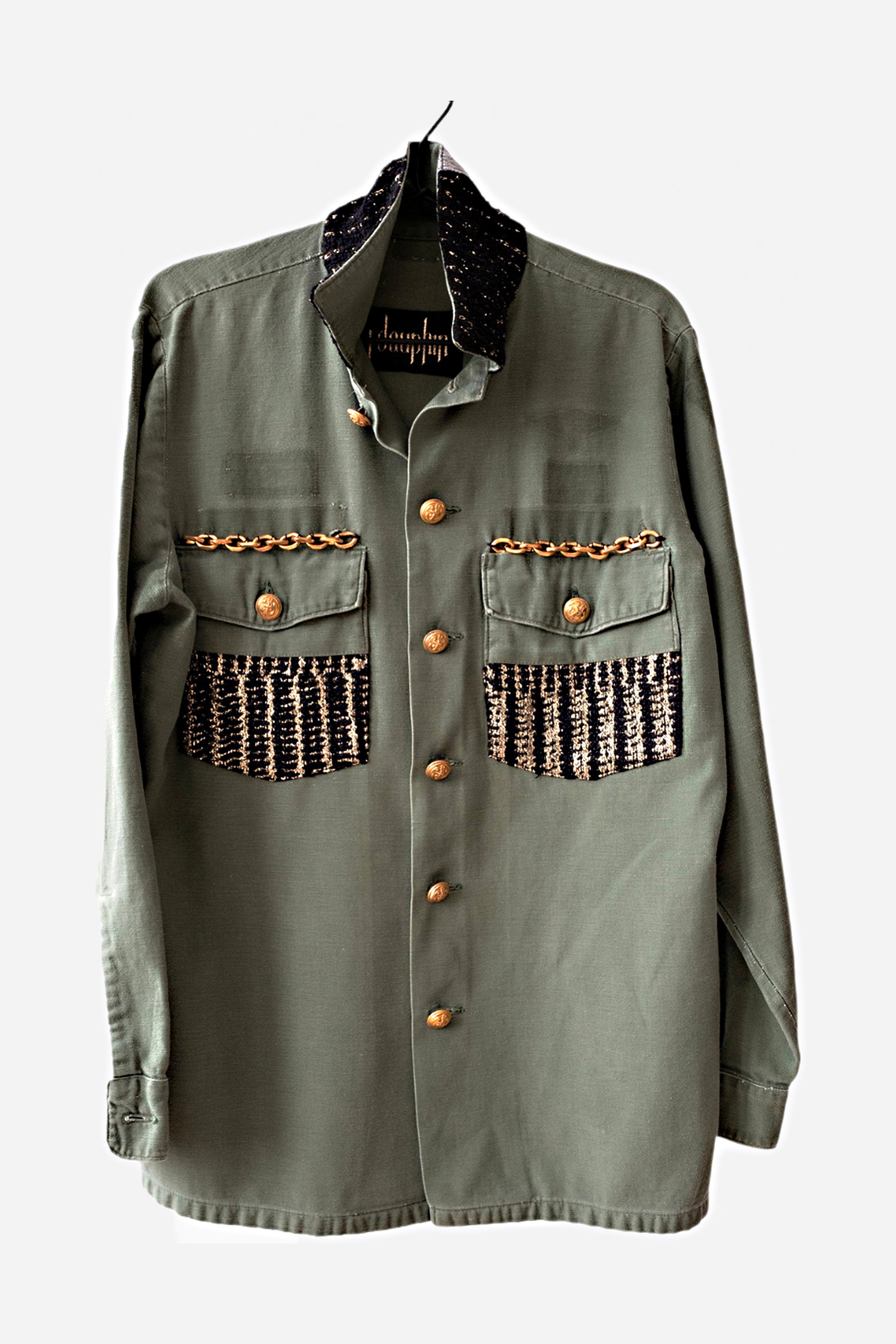 Military Jacket Green Black Gold Lurex Tweed Brass Chain Medium