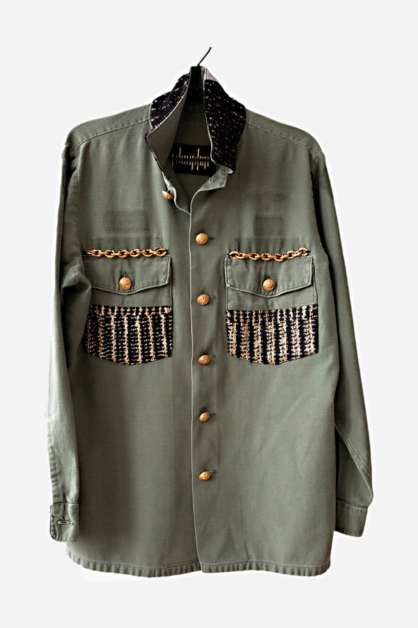 Military Jacket Green Black Gold Lurex Tweed Brass Chain Medium