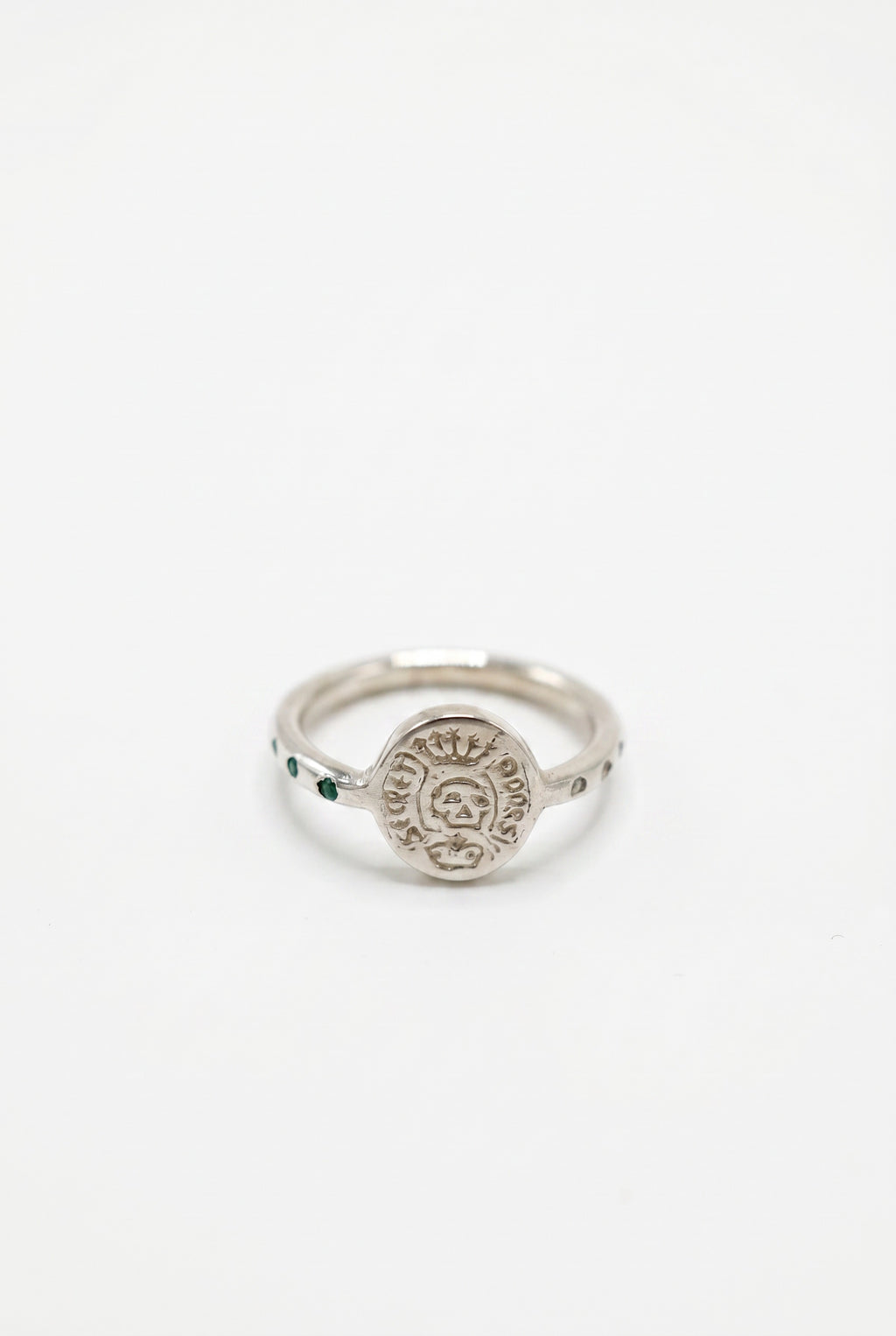 Skull Ring Diamond Emerald Crest Silver