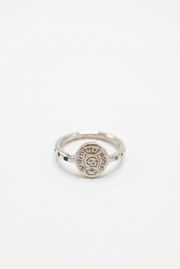 Skull Ring Diamond Emerald Crest Silver