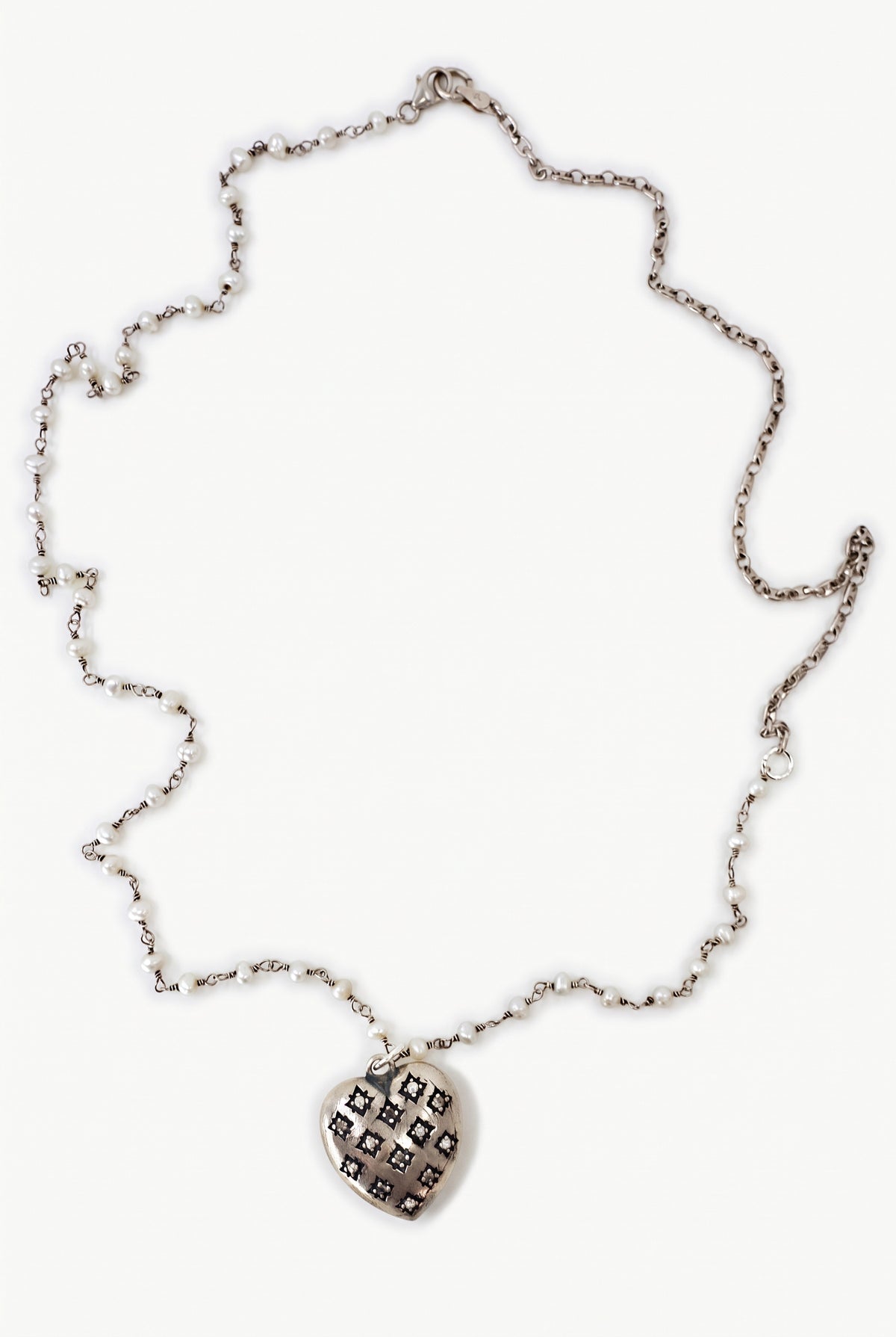 Diamond Pearl Heart Necklace Silver Rosario Pearl Chain