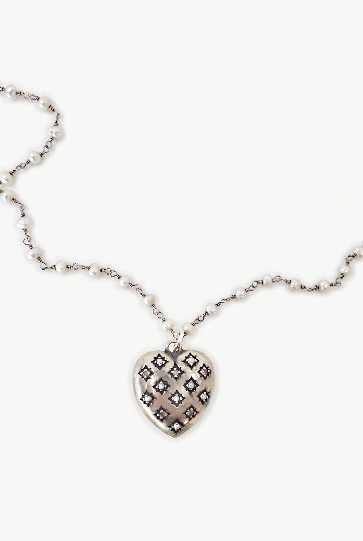 Diamond Pearl Heart Necklace Silver Rosario Pearl Chain