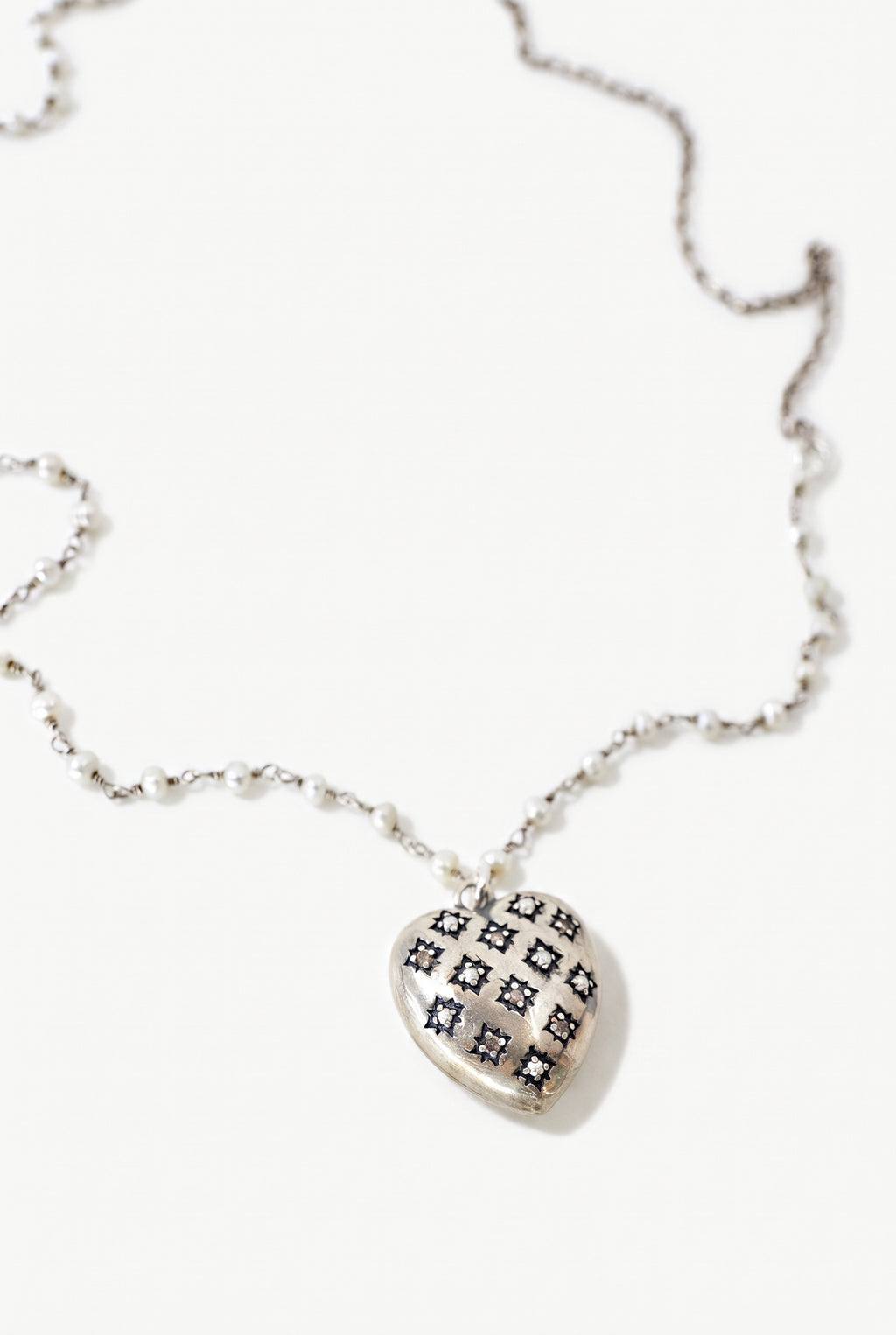 Diamond Pearl Heart Necklace Silver Rosario Pearl Chain