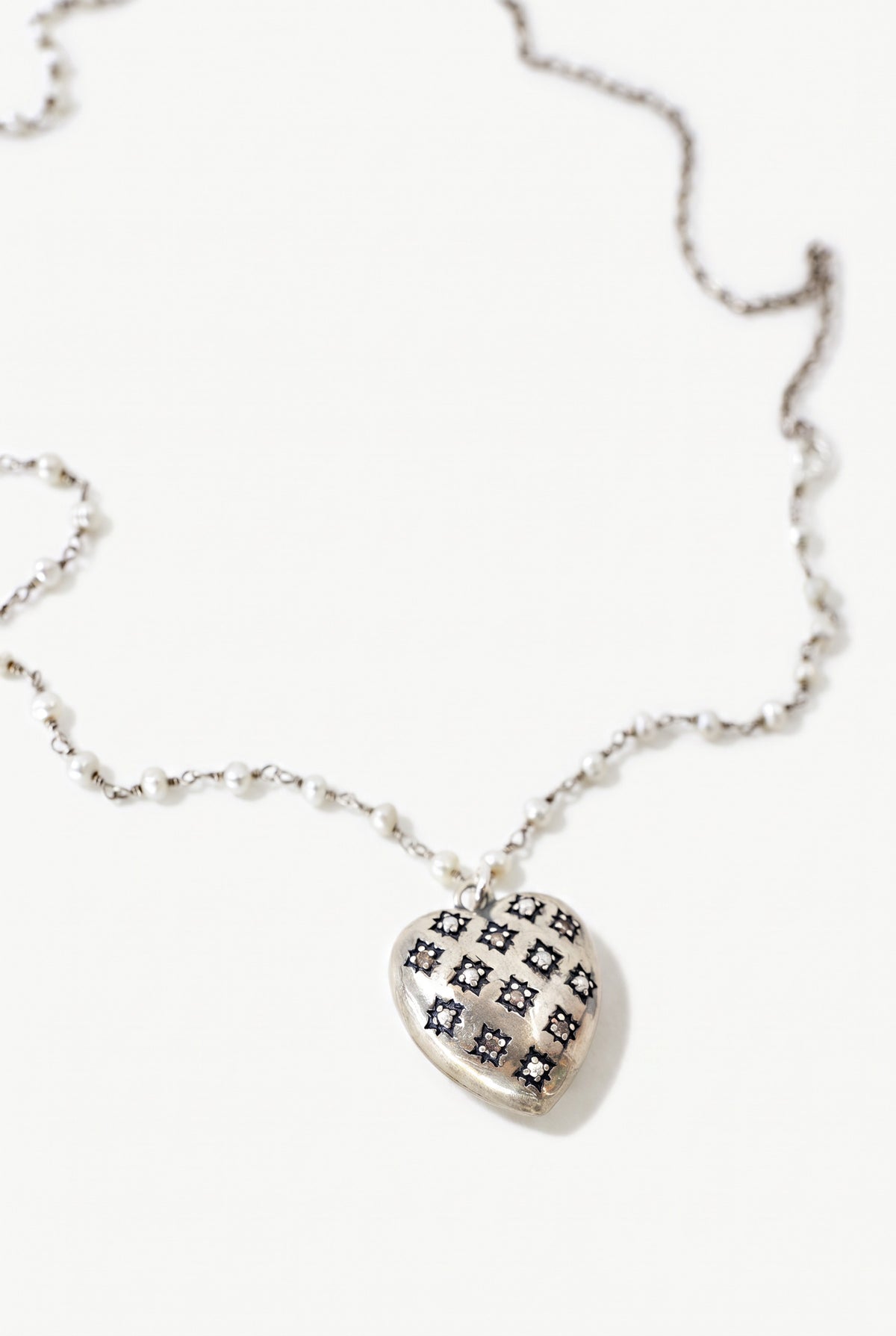 Diamond Pearl Heart Necklace Silver Rosario Pearl Chain