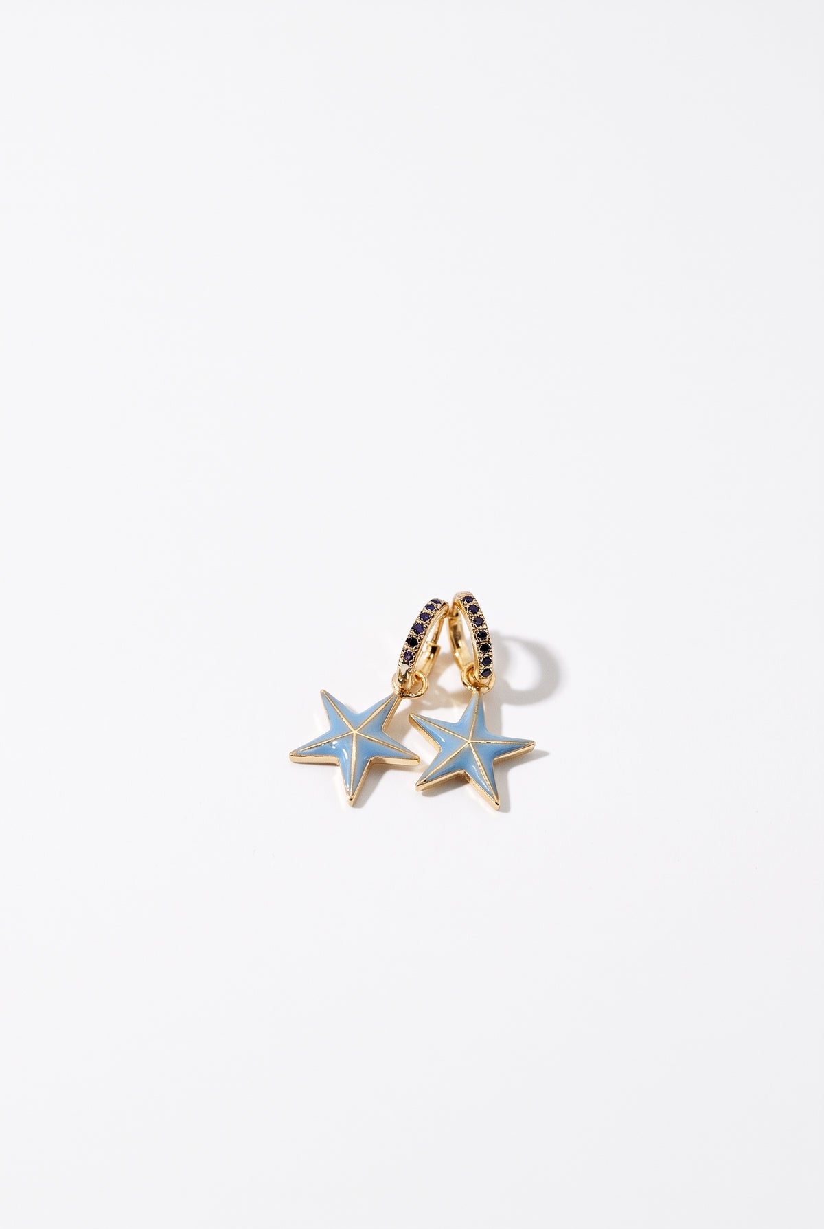 Black Diamond Star Hoop Earrings Light Blue Enamel Drop
