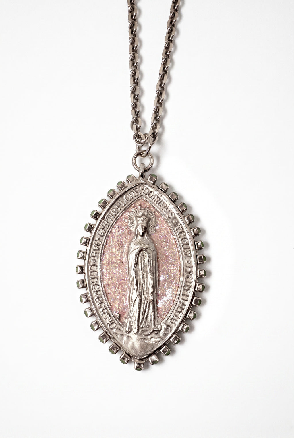 Vintage Virgin Mary Religious Medal Necklace Pink Enamel