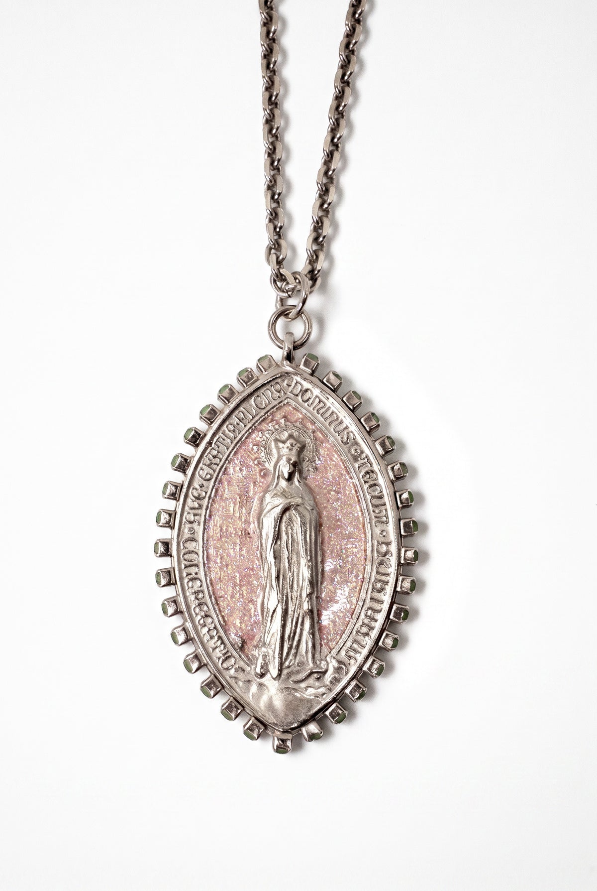 Vintage Virgin Mary Religious Medal Necklace Pink Enamel