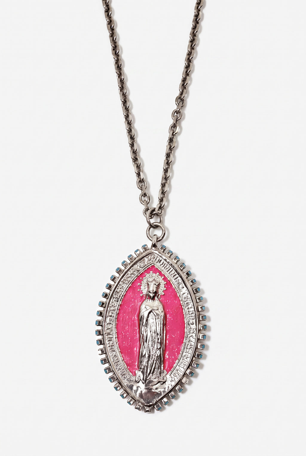 Vintage Virgin Mary Medal Necklace Neon Pink Enamel Palladium
