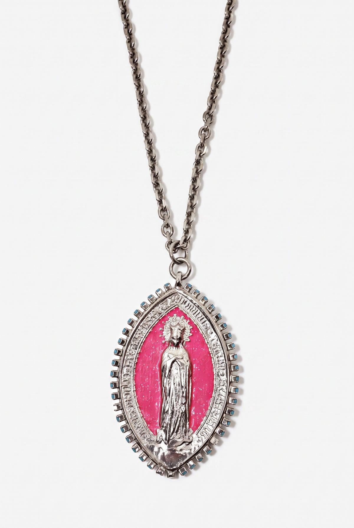 Vintage Virgin Mary Medal Necklace Neon Pink Enamel Palladium