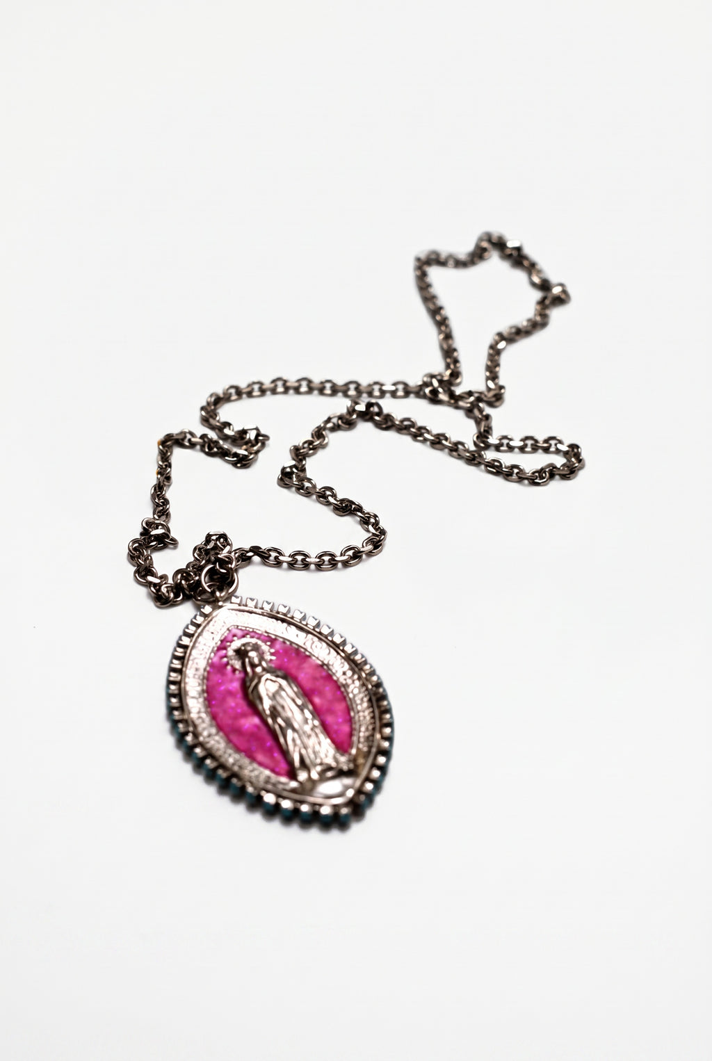 Vintage Virgin Mary Medal Necklace Neon Pink Enamel Palladium