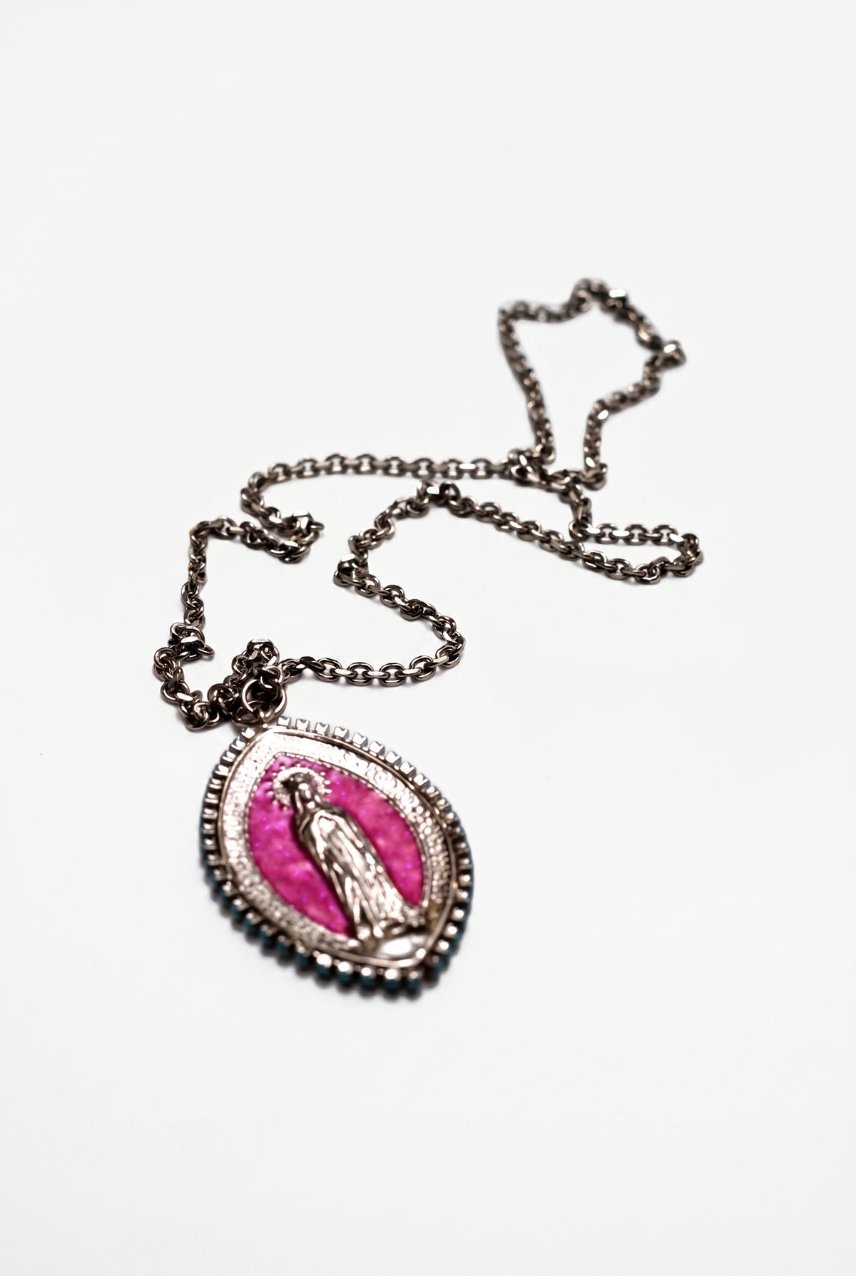 Vintage Virgin Mary Medal Necklace Neon Pink Enamel Palladium
