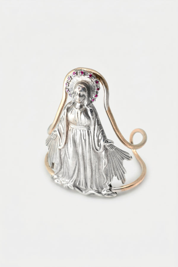 Ruby Virgin Mary Cuff Bracelet Silver