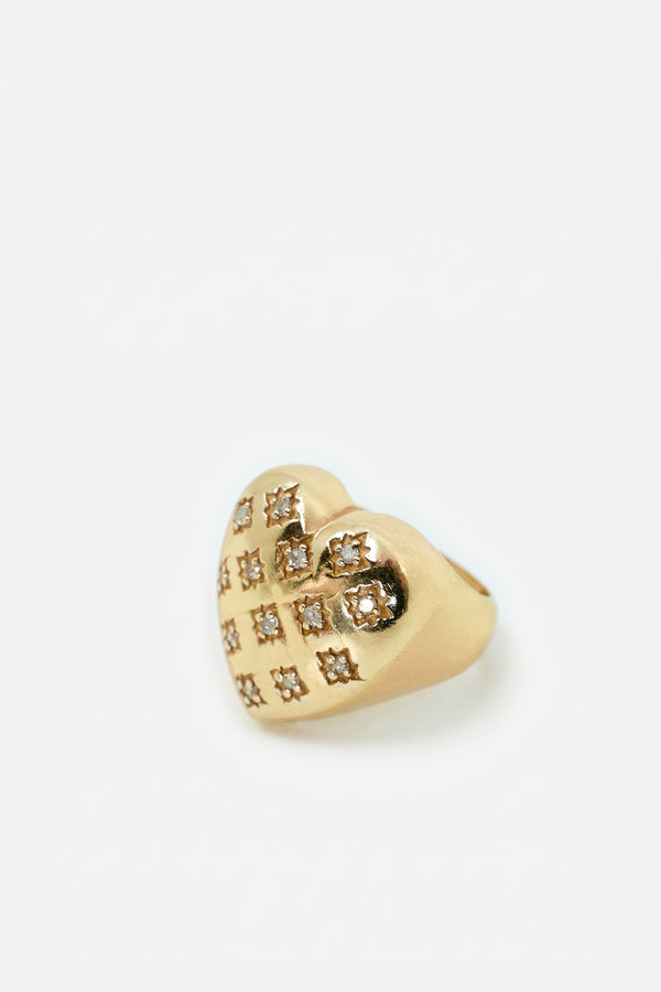Gold Heart Signet Ring White Diamond Star