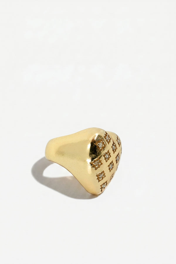 Gold Heart Signet Ring White Diamond Star