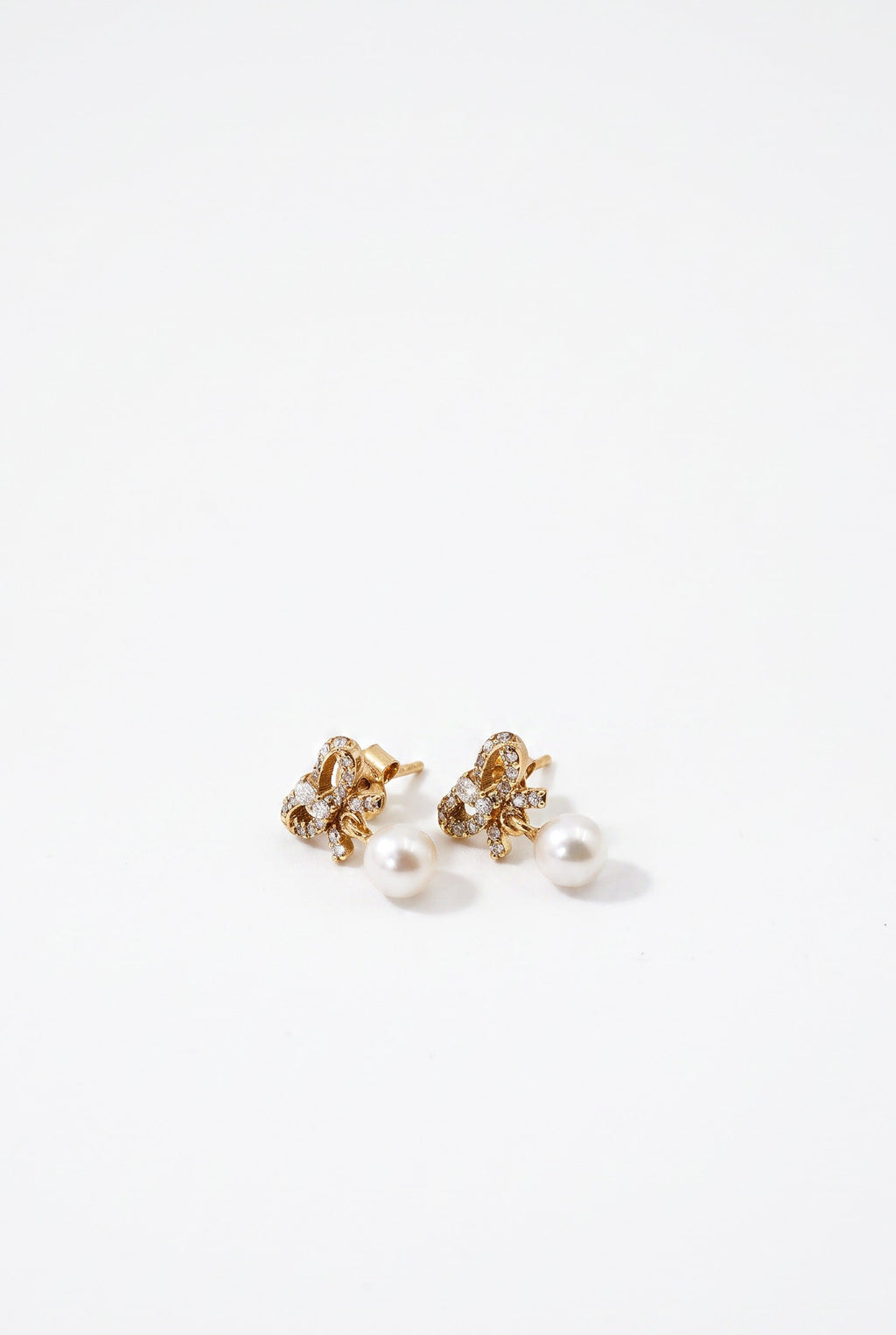 Diamond Bow Earrings Dangling Pearl