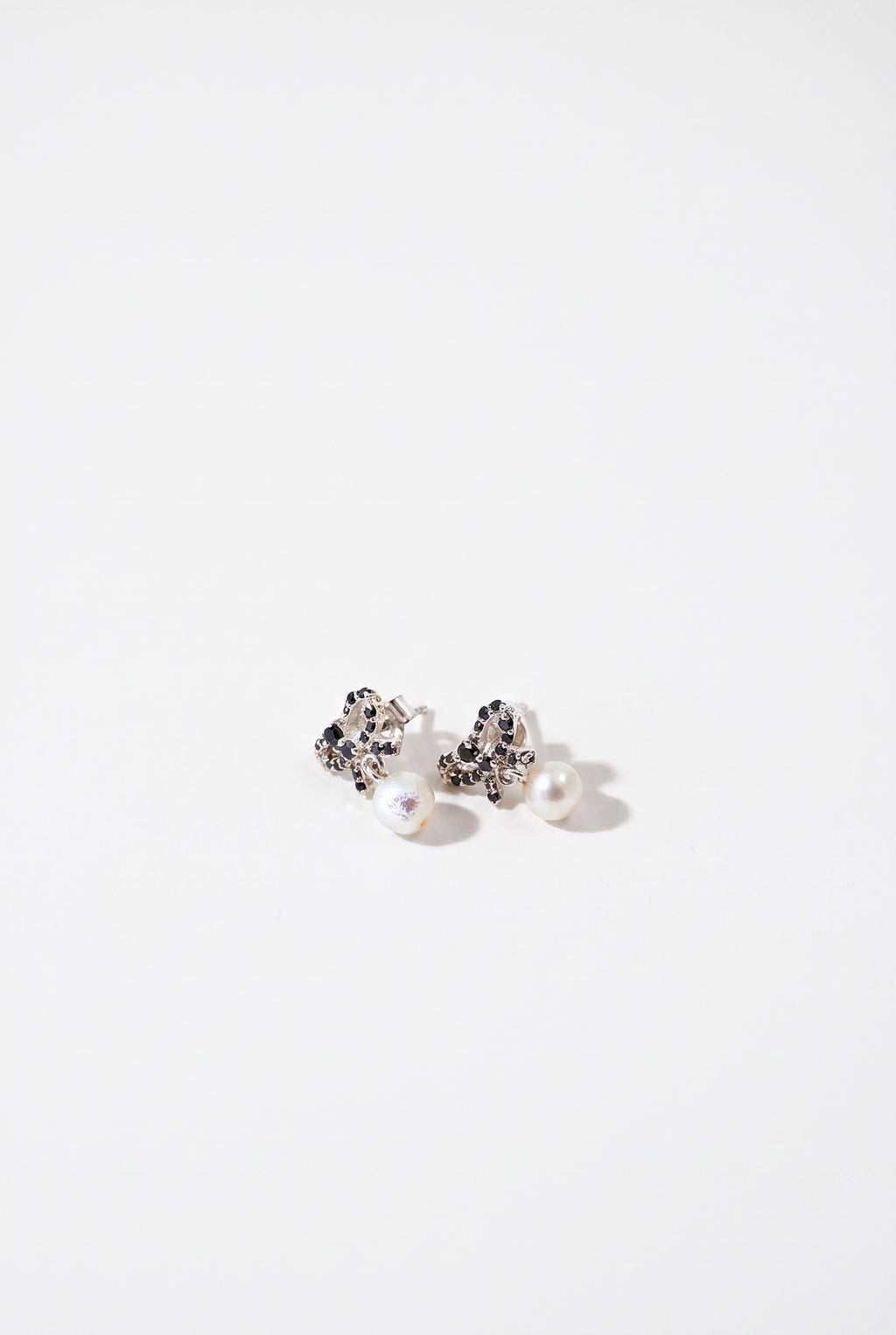 Black Diamond Pearl Bow Earrings Silver Drop