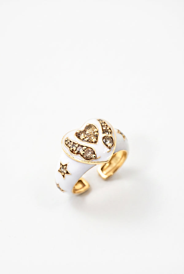 White Diamond Heart Star Ring White Enamel
