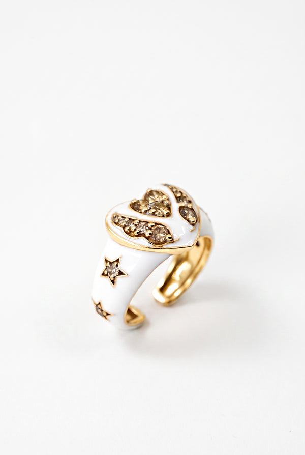White Diamond Heart Star Ring White Enamel