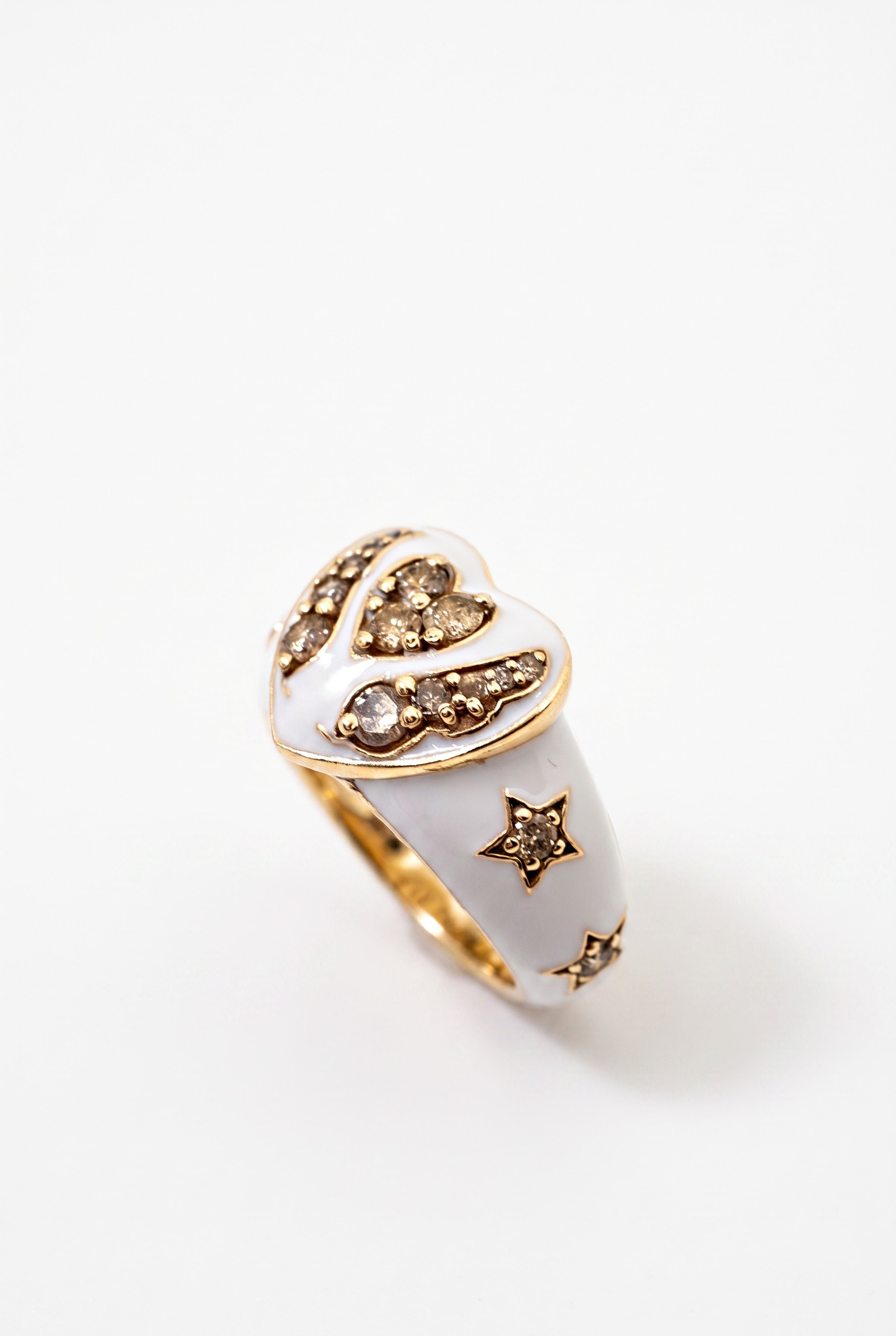 White Diamond Heart Star Ring White Enamel