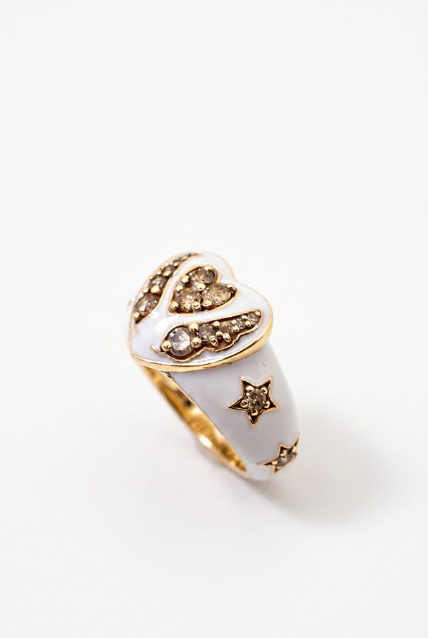 White Diamond Heart Star Ring White Enamel