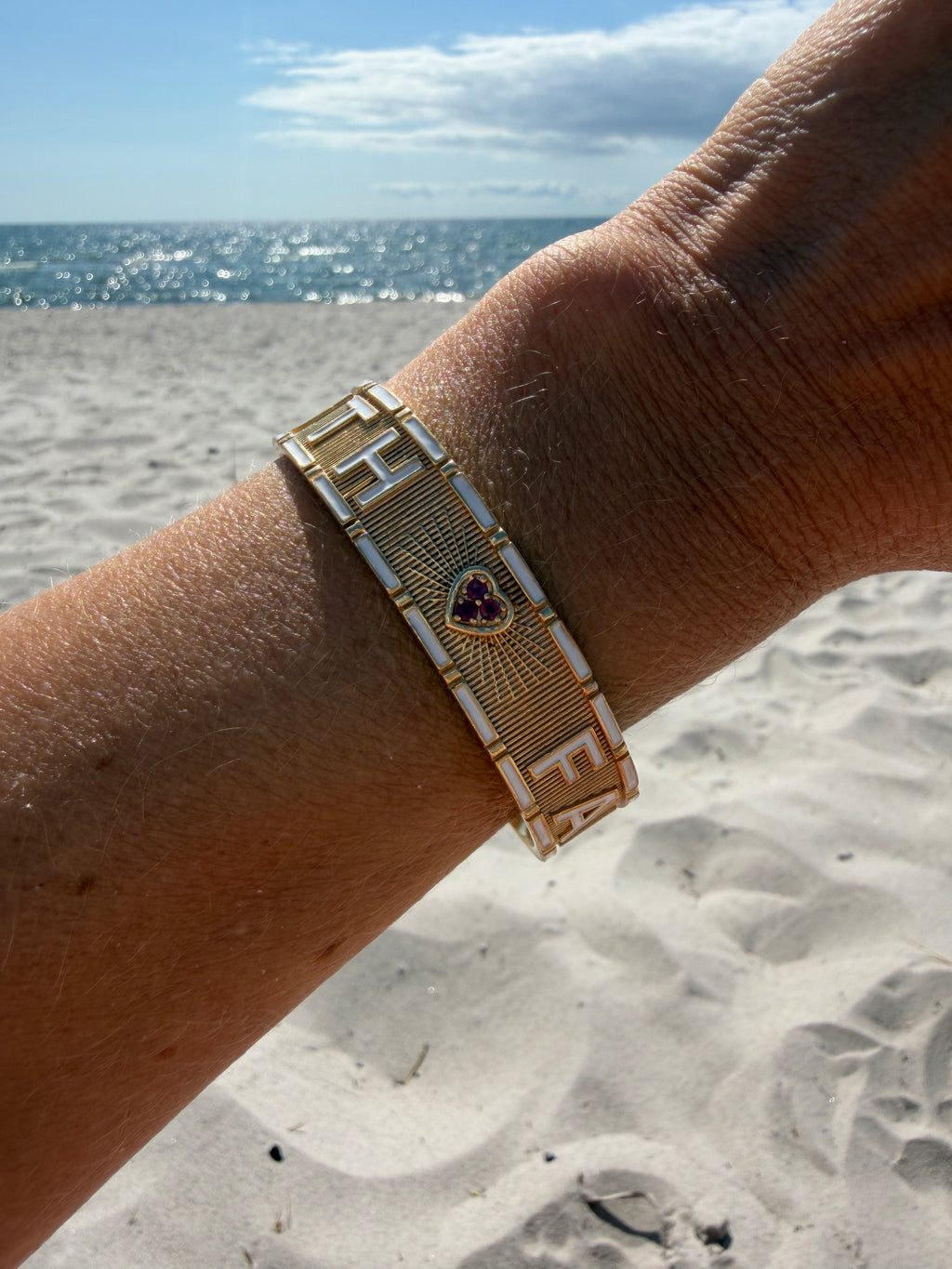 White Enamel Cuff Ruby Heart Bracelet Truth Faith