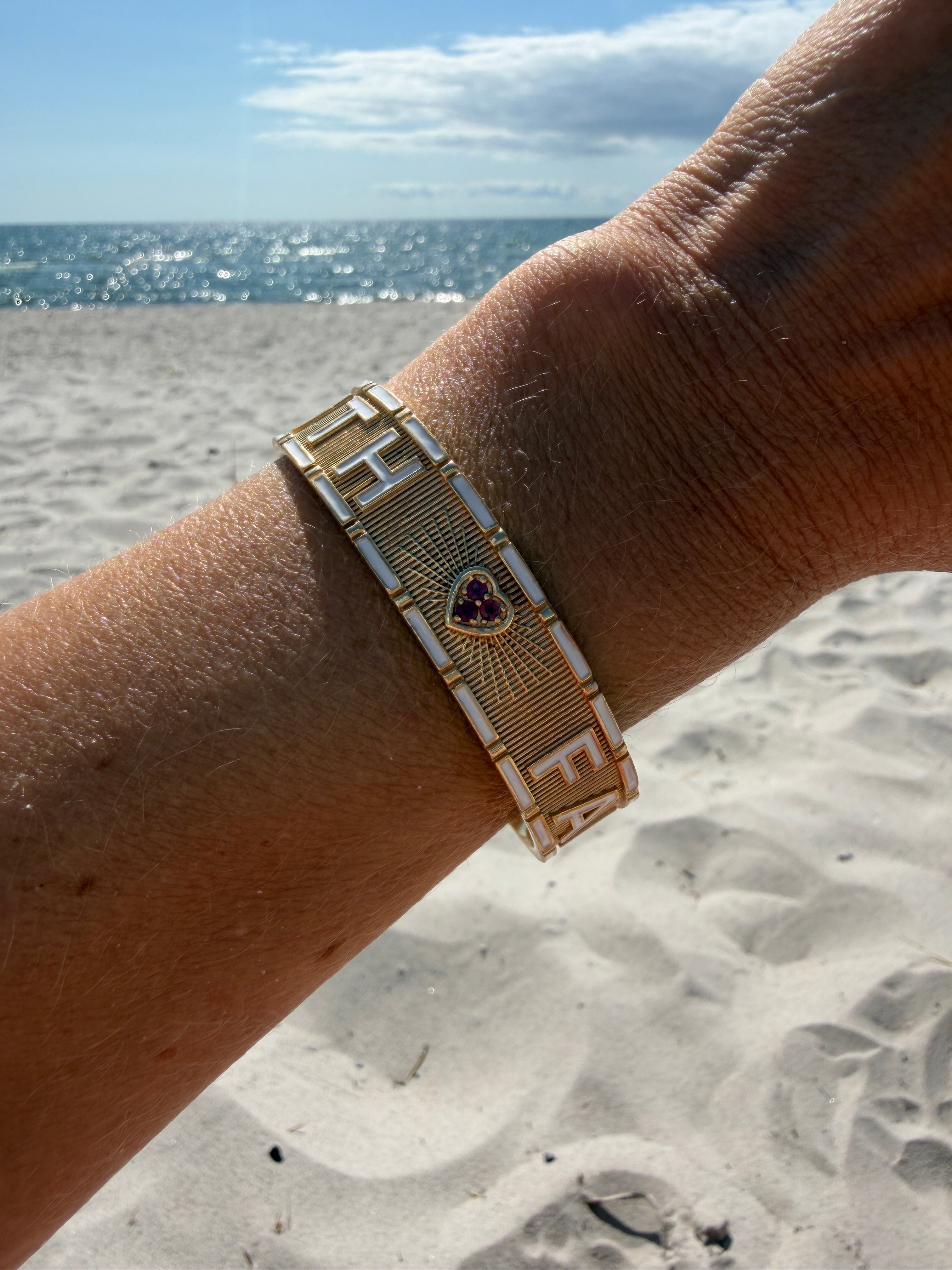 White Enamel Cuff Ruby Heart Bracelet Truth Faith