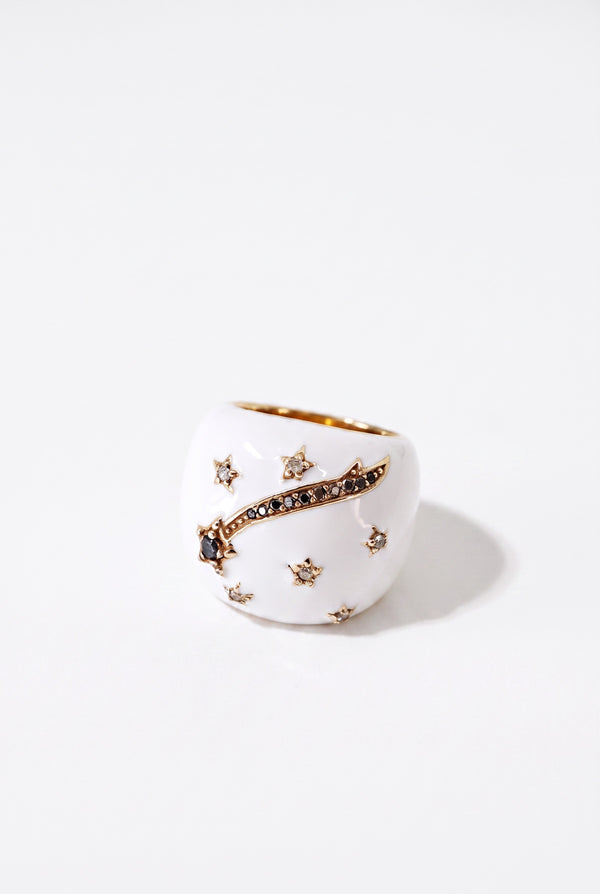 White Enamel Cocktail Ring Black Diamond Star