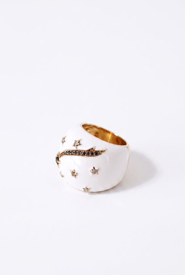 White Enamel Cocktail Ring Black Diamond Star